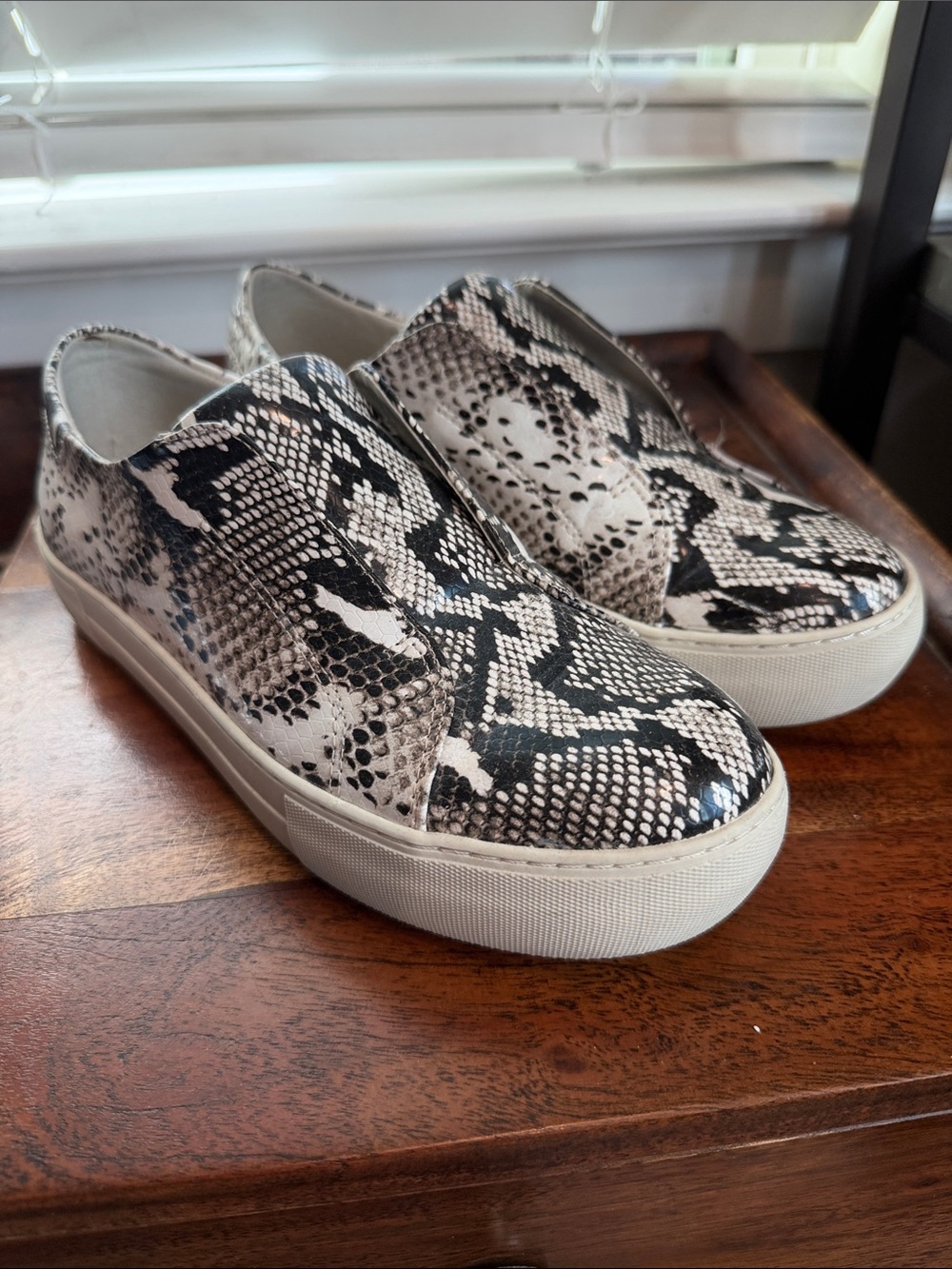 J/Slides Slip-On Platform Sneakers in Black & White Snake Print